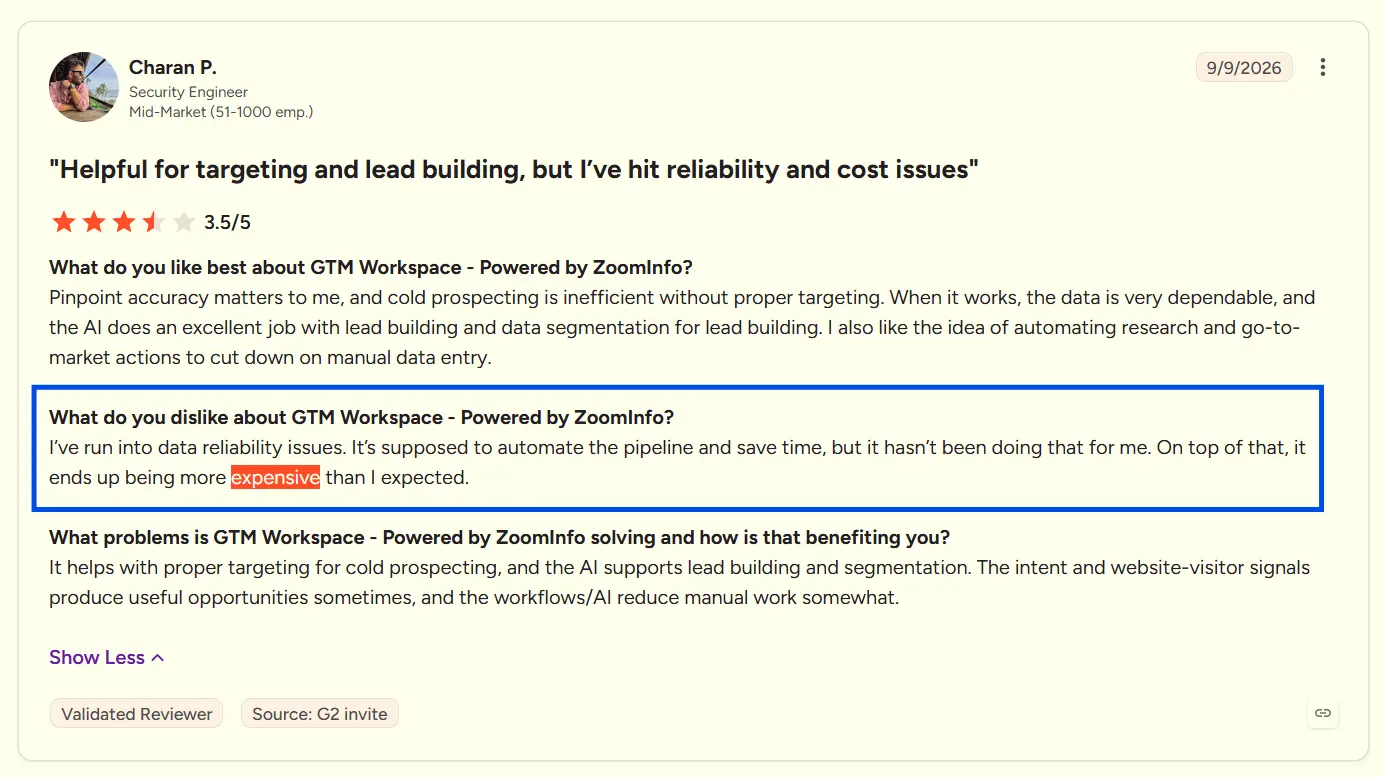 Recent G2 Review on ZoomInfo's Pricing